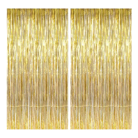 Kit 2 Cortina De Fita Metalizada Festa Franja 1x2 Mts Decor Cor Dourado Foto 1