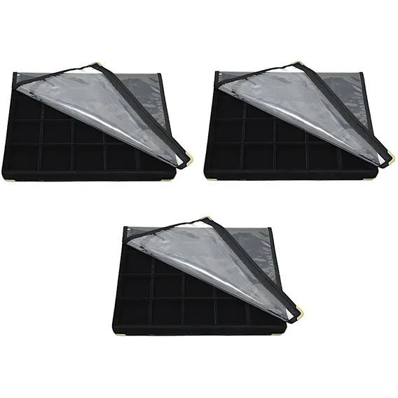 03 Bandejas Porta Jóias Grandes Com Capa - 20 Quadriculados Cor Preto Foto 1