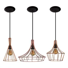 03 Lustres Pendentes Modelo Aramado - Ideal Para Sala - Quarto - Cozinha - Pode Usar Lâmpadas De Filamento 110v/220v (bivolt) - Cor Cobre Foto mini 1