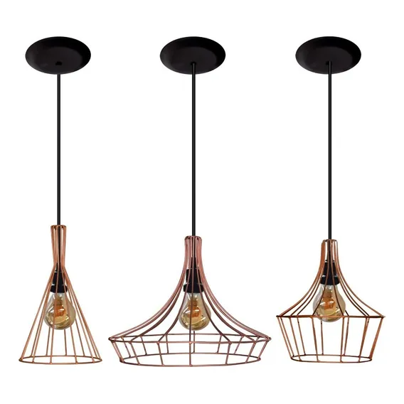 03 Lustres Pendentes Modelo Aramado - Ideal Para Sala - Quarto - Cozinha - Pode Usar Lâmpadas De Filamento 110v/220v (bivolt) - Cor Cobre Foto 1