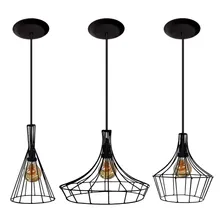 03 Lustres Pendentes Modelo Aramado - Ideal Para Sala - Quarto - Cozinha - Pode Usar Lâmpadas De Filamento 110v/220v (bivolt) - Cor Preto Foto mini  2