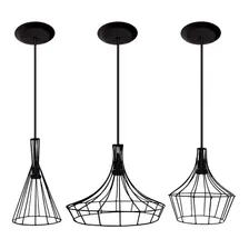 03 Lustres Pendentes Modelo Aramado - Ideal Para Sala - Quarto - Cozinha - Pode Usar Lâmpadas De Filamento 110v/220v (bivolt) - Cor Preto Foto  mini 1