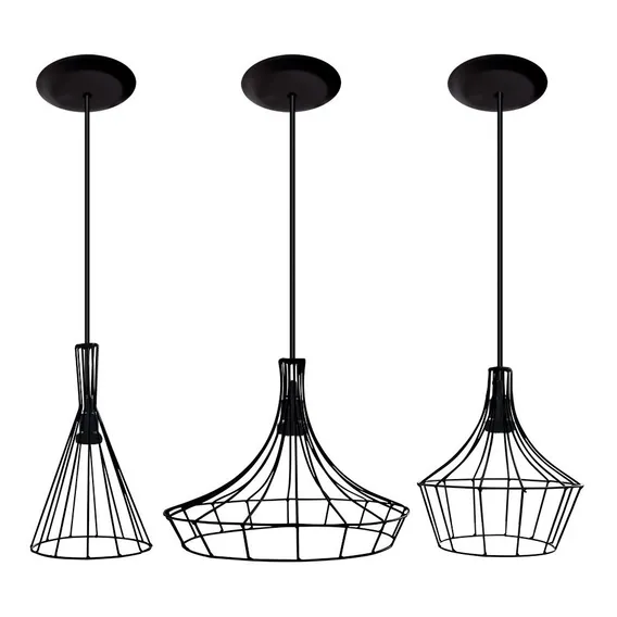 03 Lustres Pendentes Modelo Aramado - Ideal Para Sala - Quarto - Cozinha - Pode Usar Lâmpadas De Filamento 110v/220v (bivolt) - Cor Preto Foto 1
