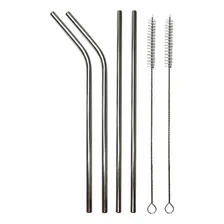 04 Canudos Aço Inox Reto Curvo + 2 Limpadores 21cm Foto  mini 1