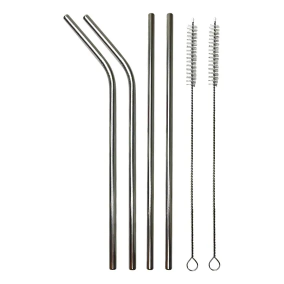 04 Canudos Aço Inox Reto Curvo + 2 Limpadores 21cm Foto 1