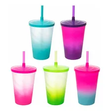 06 Copos Acrilico Degradê 550ml 6pcs Canudo Tampa Resistente Cor Rosa Foto mini 3