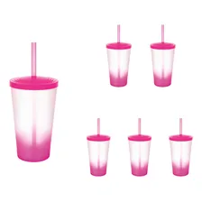 06 Copos Acrilico Degradê 550ml 6pcs Canudo Tampa Resistente Cor Rosa Foto mini 1