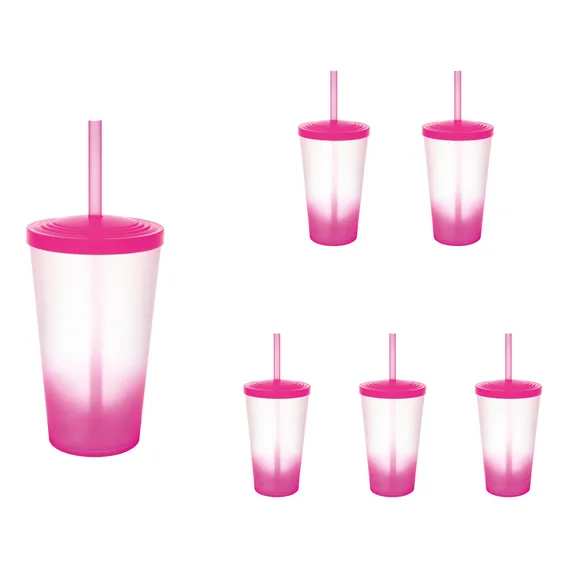 06 Copos Acrilico Degradê 550ml 6pcs Canudo Tampa Resistente Cor Rosa Foto 1