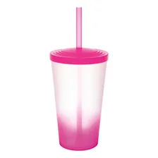 06 Copos Acrilico Degradê 550ml 6pcs Canudo Tampa Resistente Cor Rosa Foto mini 2