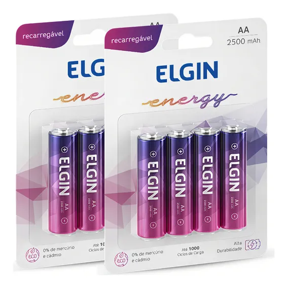 08 Pilhas Recarregável Aa 2500mah Pequena Elgin 2 Cartelas Foto 1
