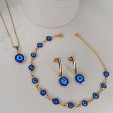 1 Colar + 1 Pulseira + 1 Brinco Olho Grego Folheado A Ouro Cor Dourado Foto mini 2