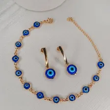 1 Colar + 1 Pulseira + 1 Brinco Olho Grego Folheado A Ouro Cor Dourado Foto mini 4