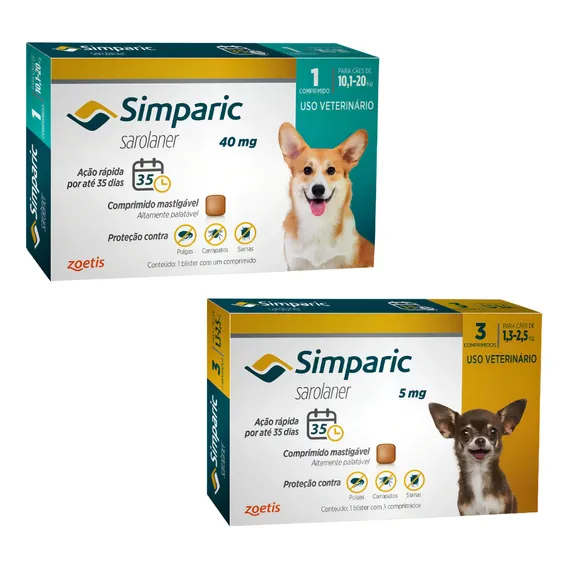 1 Simparic 40mg 10-20kg + 1 Simparic 5mg 1,3-2,5kg 3 Comp Foto 1