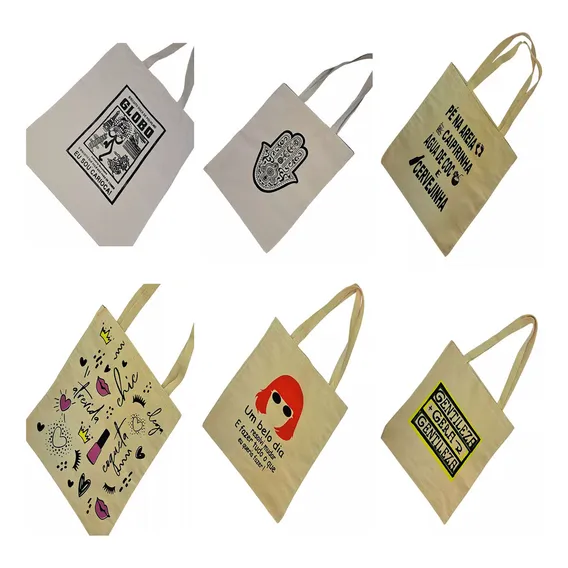 10 Bolsas Ecobag Sacola Algodão Cru Estampadas Atacado Cor Bege Variadas Foto 1