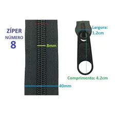 10 Metros Zíper Nº 8 Nylon Grosso + 10 Cursor Puxador Preto Foto mini  2