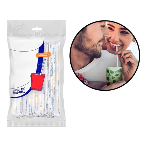 100 Canudos De Papel Biodegradável Embalados Individualmente Cor Branco Foto 1