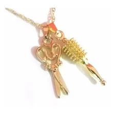 100 Colar Cabeleireira Tesoura E Escova Folheado A Ouro 18k Cor Dourado Foto mini 1