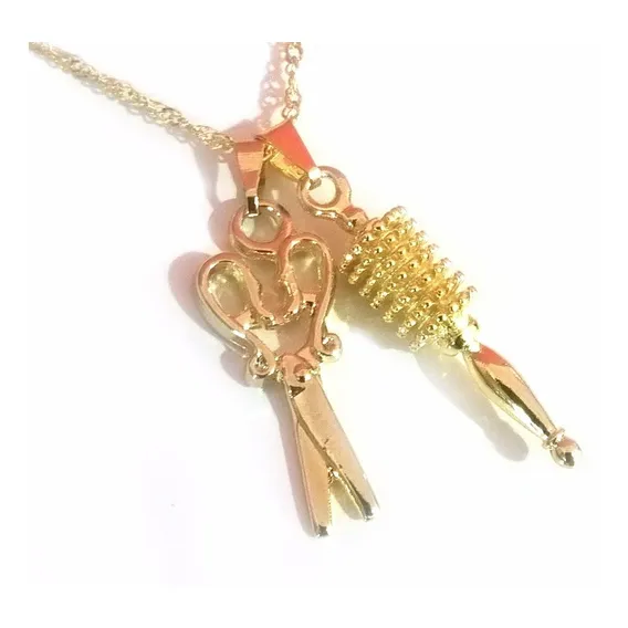 100 Colar Cabeleireira Tesoura E Escova Folheado A Ouro 18k Cor Dourado Foto 1