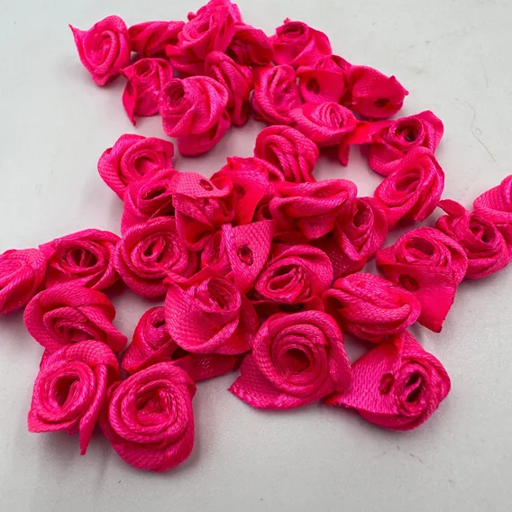 100 Flor Cetim Florzinha Rococ贸 C/ Folha Branca Creme Rosa Cor Rosa Choque Foto 1