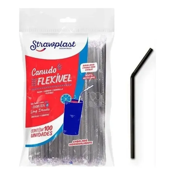 1000 Canudo Preto Strawplast Flexível Drinks Cs 313 Foto 1