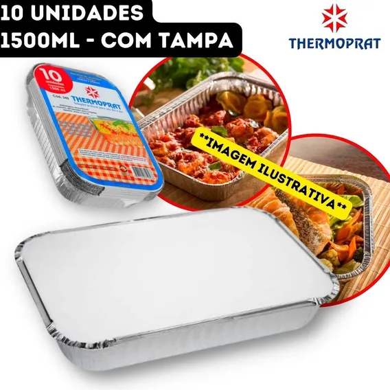 10un Bandeja Marmitex 1500ml AlumÃnio Retangular Com Tampa Foto 1