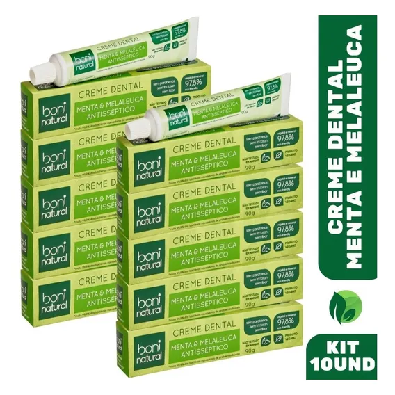 10x Creme Dental Boni Natural Menta E Melaleuca S/ FlĂșor 90g Foto 1