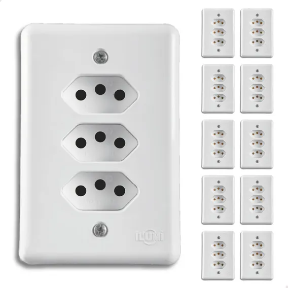 10x Tomada Tripla 2p+t 10a Monobloco Embutir Branco Foto 1