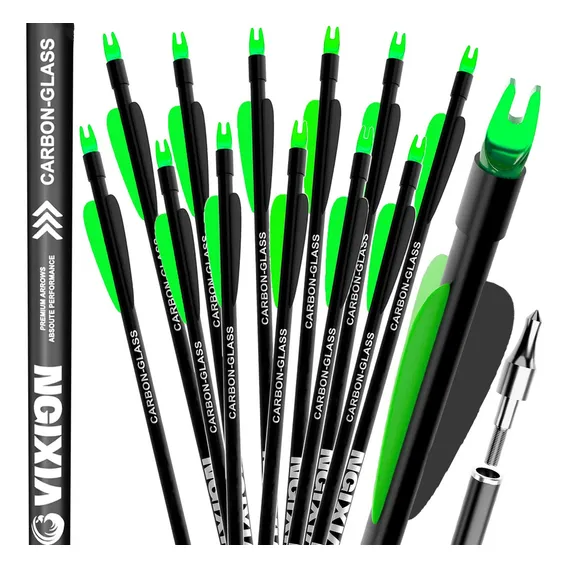 12 Flechas Carbono Vixion arco e flecha para arco e fecha até 75Lbs Nature 30 cor verde Foto 1