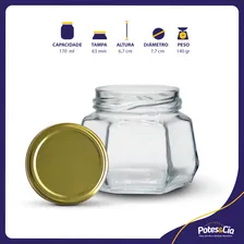 12 Potes De Vidro 170ml Sextavado + Tampa Metálica + Lacre Cor Dourado Foto mini  3