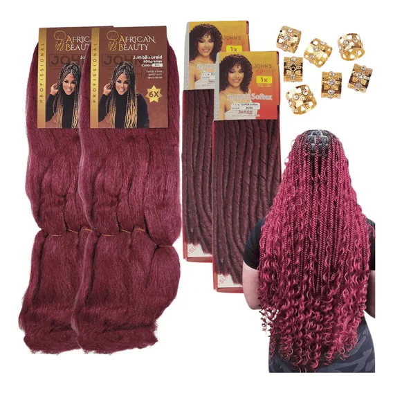 2 Cacho Nina Softex + 2 Jumbo Jumbão Box Braids + Anéis Cor Bug Foto 1