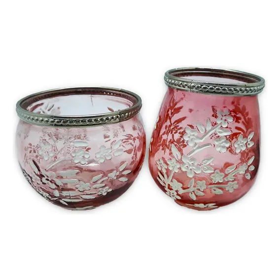 2 Castiçais Porta Velas Em Vidro Moderno Floral Rosa Foto 1