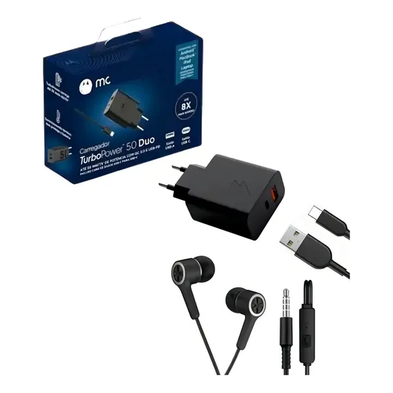 2 Em 1 Carregador + Fone Para Moto G10, G100, G84, G60, G70 Cor Preto Foto 1