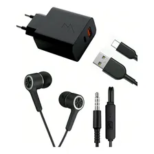 2 Em 1 Carregador + Fone Para Moto G10, G100, G84, G60, G70 Cor Preto Foto mini  2