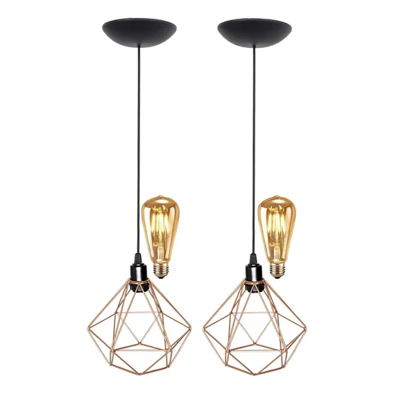 2 Pendente Aramado Diamante Lustre + Lâmpada Cobre Rose Gold Foto 1