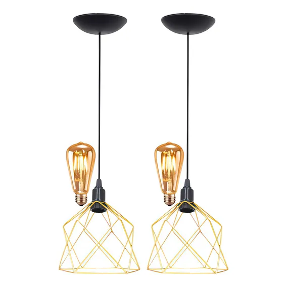 2 Pendentes Aramado Cálice + Lâmpada Lustre Retrô Dourado Foto 1