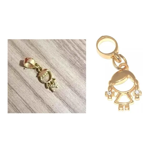 2 Pingente Berloque Casal Menina Menino Filho Filha Folheado Cor Dourado Foto 1