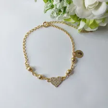 2 Pulseiras Coração Strass Madrinhas C/ Inicial Folheado Diâmetro 18 Cm Foto  mini 1
