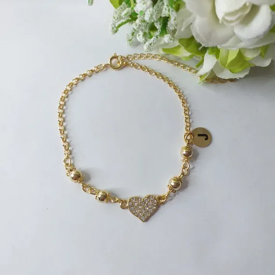 2 Pulseiras Coração Strass Madrinhas C/ Inicial Folheado Diâmetro 18 Cm Foto 1