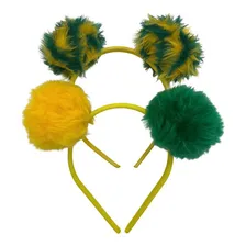 2 Tiaras Pompom Infantil Encapadas Verde E Amarelo Brasil Foto mini 1