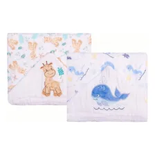 2 Toalha Fralda De Banho Bebê C/capuz Soft Macia Azul E Bege Foto  mini 1