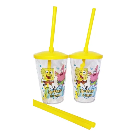 20 Copos Twister C/ Tampa E Canudo Personalizado Bob Esponja Cor Transparente Foto 1