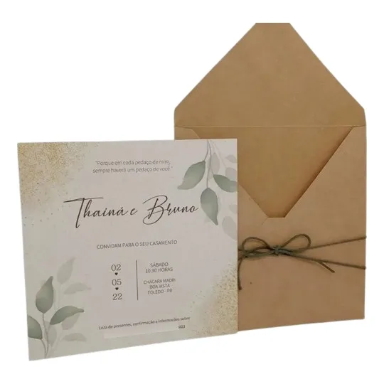 25 Kit Convites Casamento 17x17cm Acessorio Cordão Colorido Cor Kraft Reciclato Foto 1