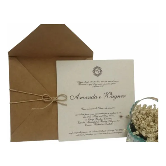 25 Kit Convites Rustico Casamento Completo 17x17cm Acessorio Cor Kraft Reciclato Branco Foto 1