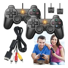 2x Controles Para Ps2 Compatível + Cabo De Imagem Cor Preto Foto  mini 1