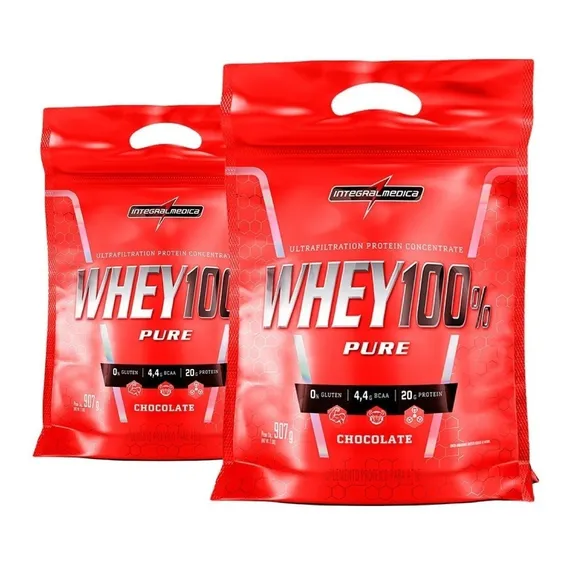 2x Whey Protein 100% Pure 907g Refil - Integral Médica Sabor Chocolate Foto 1
