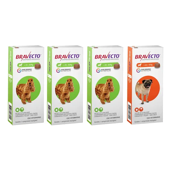 3 Bravecto Cães 10 A 20kg + 1 Bravecto 4,5 A 10kg Antipulgas Foto 1