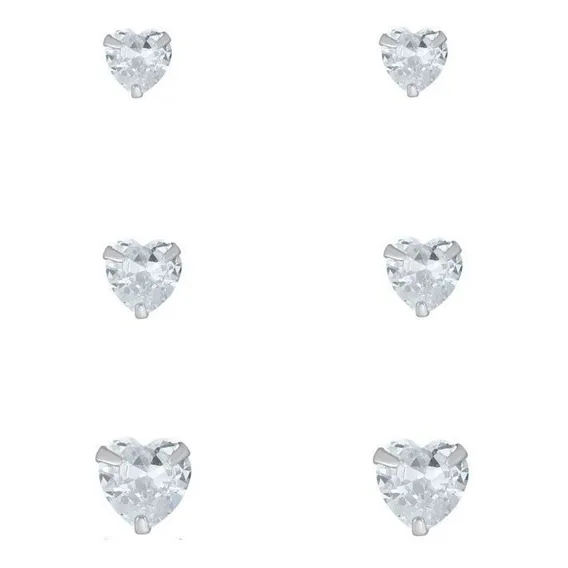 3 Brinco Prata 925 Para 2° Furo Pedra Zirconia Coração Trio Cor Prateado Foto 1