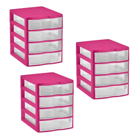 3 Gaveteiro Nitron C/4 Gavetas Multiuso Organizador De Mesa Cor Rosa Foto 1