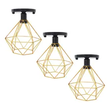 3 Lustres Plafon Diamante Industrial Retr么 Sobrepor Aramado Estrutura Preto/Dourado Foto mini 1