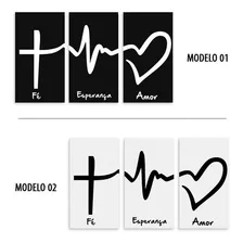 3 Placas Decorativa Parede Sala Quarto - Fé, Amor, Esperança Preto Foto  mini 1